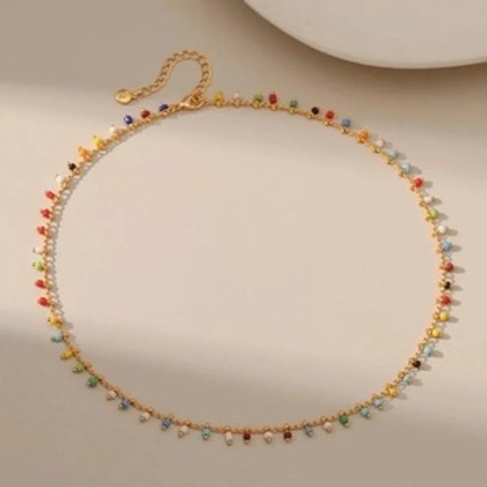 18K Gold Plated Multi Color Seed Bead Choker Necklace Adjustable Boho Station